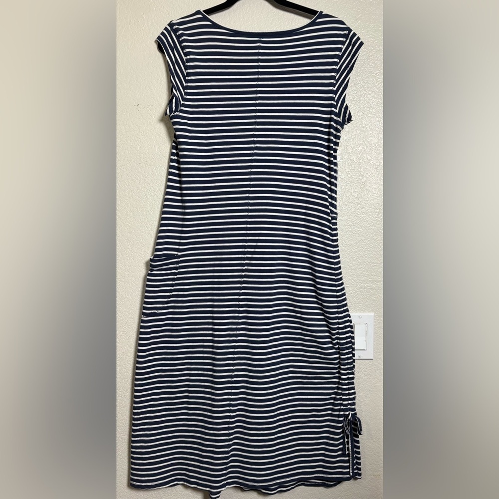 Toad&Co Organic Cotton Samba Muse Navy/White Striped Dress w Side Cinch, Pocket - Picture 9 of 13